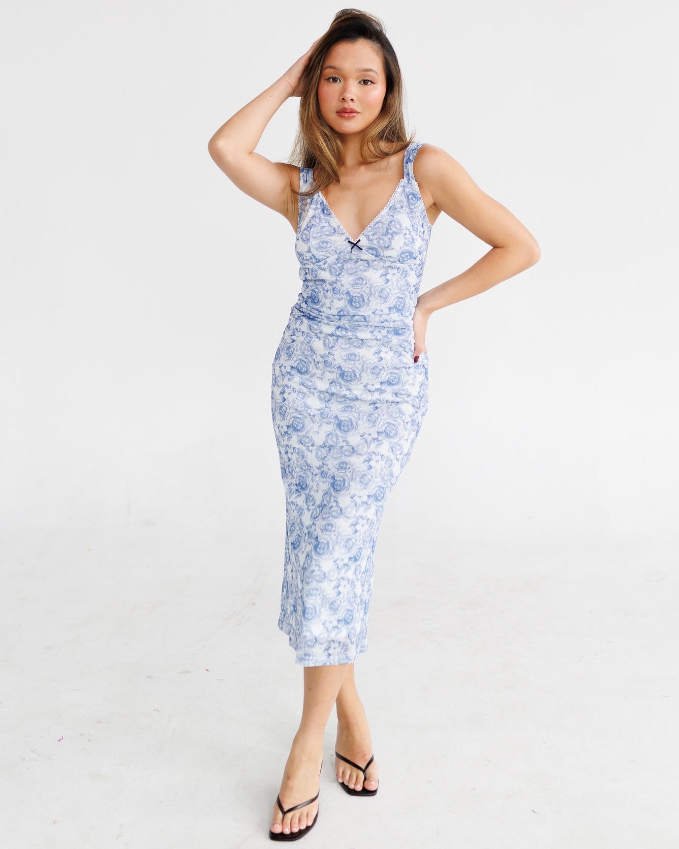 blue mesh midi dress Darya Mesh Midi Dress, Navy Floral Ribbed Slip