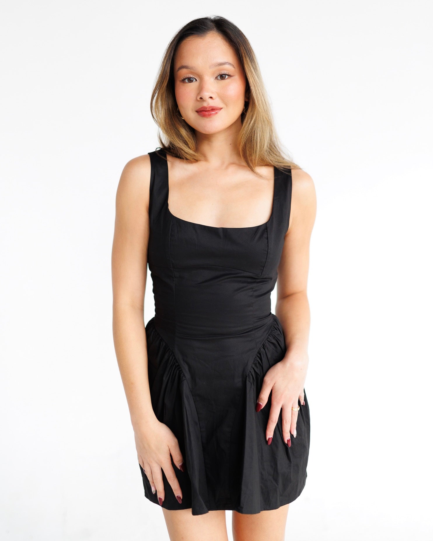 Lace Up Back Basque Waist Puff Mini Dress | Black Noelani The Label Lace Up Back Basque Waist Puff Mini Dress | Black Noelani The Label