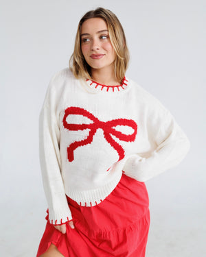 Open image in slideshow, Bow Stitched Sweater | Cream/Red
